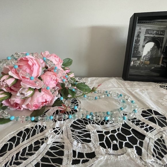 1970s Boho Clear Crystal and Blue Bead Long Necklace - Picture 7 of 10